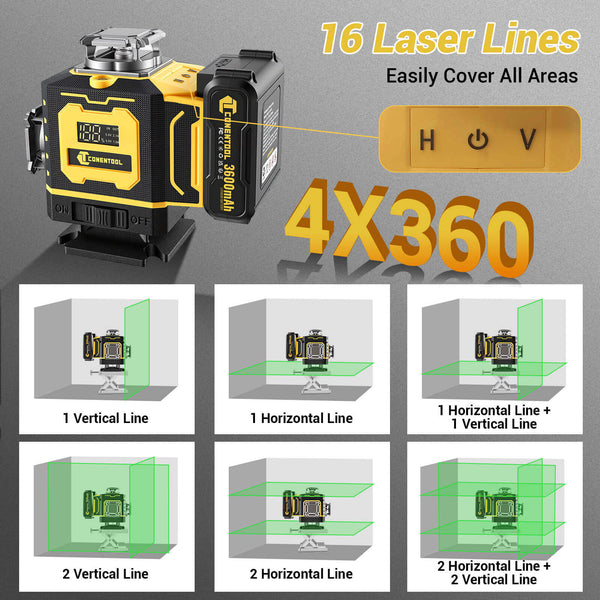 CONENTOOL LL02-G 16-Line Laser Level, 4*360° Full Layout, Self-Levelling Line Laser, Remote Cotrol, 2 x 3600 mAh Battery 10pcs accessories 1M Tripod