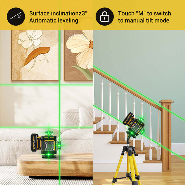 CONENTOOL LL02-G 16-Line Laser Level, 4*360° Full Layout, Self-Levelling Line Laser, Remote Cotrol, 2 x 3600 mAh Battery 10pcs accessories 1M Tripod