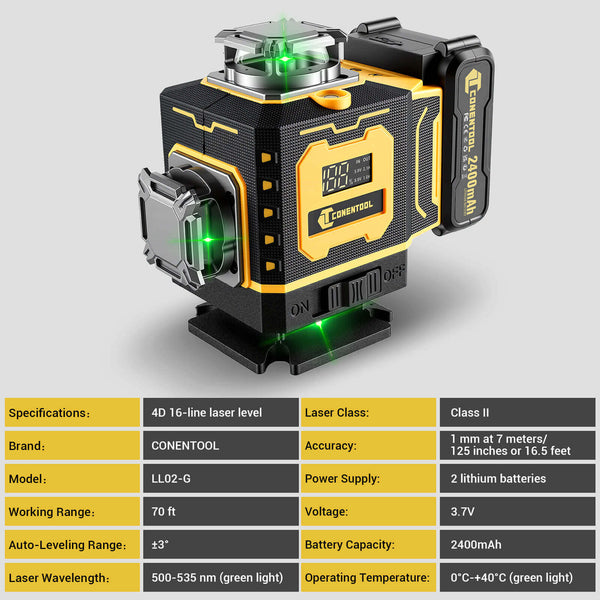 CONENTOOL LL02-G 16-Line Laser Level, 4*360° Full Layout, Self-Levelling Line Laser, Remote Cotrol, 2 x 2400 mAh Battery 6pcs accessories
