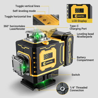 CONENTOOL LL02-G 16-Line Laser Level, 4*360° Full Layout, Self-Levelling Line Laser, Remote Cotrol, 2 x 3600 mAh Battery 10pcs accessories 1M Tripod
