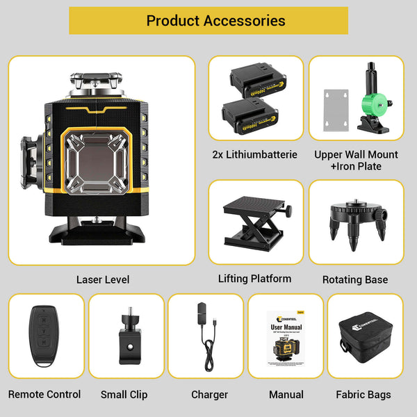 CONENTOOL LL02-G 16-Line Laser Level, 4*360° Full Layout, Self-Levelling Line Laser, Remote Cotrol, 2 x 2400 mAh Battery 6pcs accessories