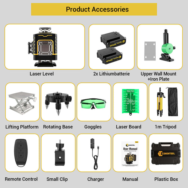 CONENTOOL LL02-G 16-Line Laser Level, 4*360° Full Layout, Self-Levelling Line Laser, Remote Cotrol, 2 x 3600 mAh Battery 10pcs accessories 1M Tripod
