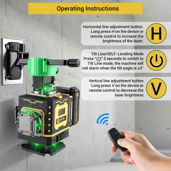 CONENTOOL LL02-G 16-Line Laser Level, 4*360° Full Layout, Self-Levelling Line Laser, Remote Cotrol, 2 x 2400 mAh Battery 6pcs accessories