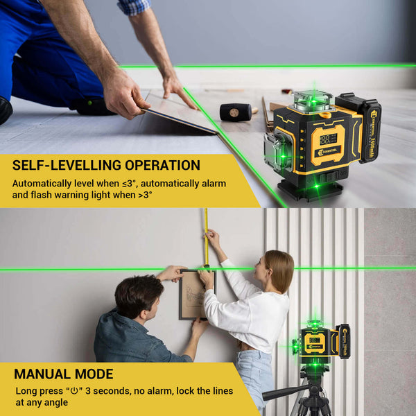 CONENTOOL LL02-G 16-Line Laser Level, 4*360° Full Layout, Self-Levelling Line Laser, Remote Cotrol, 2 x 2400 mAh Battery 6pcs accessories