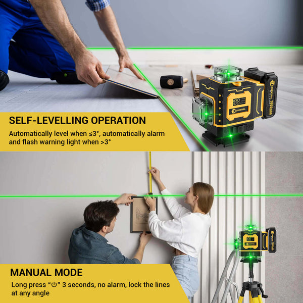 CONENTOOL LL02-G 16-Line Laser Level, 4*360° Full Layout, Self-Levelling Line Laser, Remote Cotrol, 2 x 3600 mAh Battery 10pcs accessories 1M Tripod