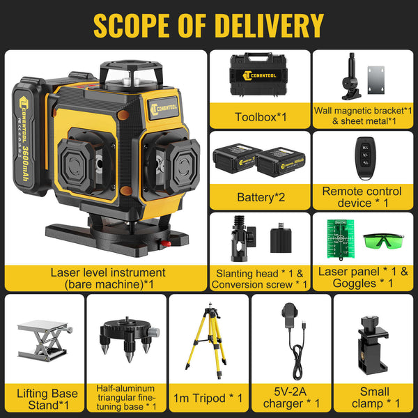 CONENTOOL LL03-ZC 16-Line Laser Level, 4*360° Full Layout, Self-Levelling Line Laser, Remote Cotrol, 2 x 3600 mAh Battery 10pcs accessories 1M Tripod