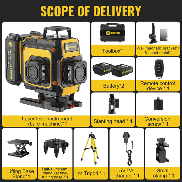 CONENTOOL LL03-ZC 16-Line Laser Level, 4*360° Full Layout, Self-Levelling Line Laser, Remote Cotrol, 2 x 2400 mAh Battery 8pcs accessories 1M Tripod