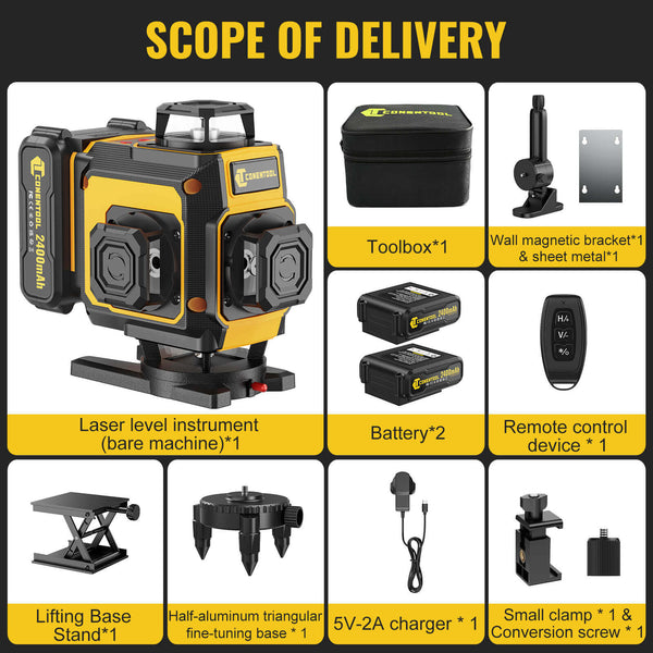 CONENTOOL LL03-ZC 16-Line Laser Level, 4*360° Full Layout, Self-Levelling Line Laser, Remote Cotrol, 2 x 2400 mAh Battery 6pcs accessories
