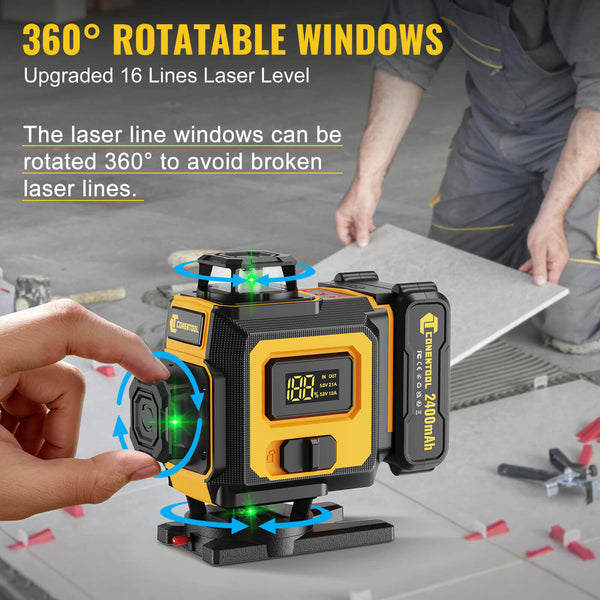 CONENTOOL LL03-ZC 16-Line Laser Level, 4*360° Full Layout, Self-Levelling Line Laser, Remote Cotrol, 2 x 2400 mAh Battery 8pcs accessories 1M Tripod