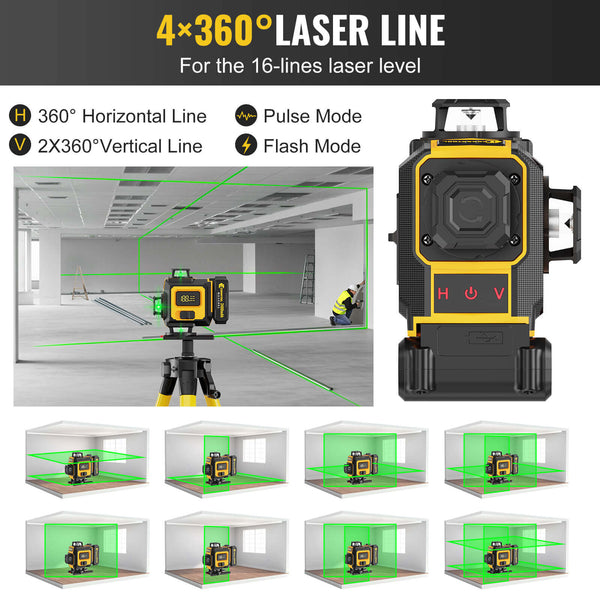 CONENTOOL LL03-ZC 16-Line Laser Level, 4*360° Full Layout, Self-Levelling Line Laser, Remote Cotrol, 2 x 2400 mAh Battery 8pcs accessories 1M Tripod