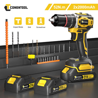 Conentool CTCD-W21V-004 21V Drill Driver Set, 3-in-1 System Electric Screwdriver with 2X 2000mAh Batteries, 52 N.m 27PCS Combi Drill, 28+3Torque Adjustment