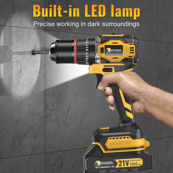 Conentool CTCD-W21V-004 21V Drill Driver Set, 3-in-1 System Electric Screwdriver with 2X 2000mAh Batteries, 52 N.m 27PCS Combi Drill, 28+3Torque Adjustment