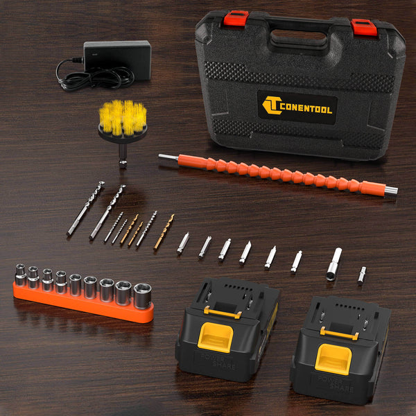 Conentool CTCD-W21V-004 21V Drill Driver Set, 3-in-1 System Electric Screwdriver with 2X 2000mAh Batteries, 52 N.m 27PCS Combi Drill, 28+3Torque Adjustment