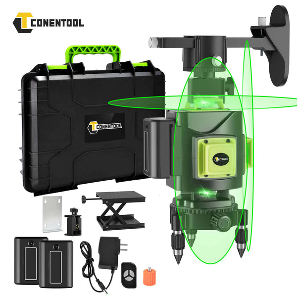 CONENTOOL 4D Cross Line Laser Level | Green Beam Self-Leveling Lasers Tools | Horizontal and Vertical Line, LCD Screen & Bluetooth Remote Control , 2 Battery & Portable Case