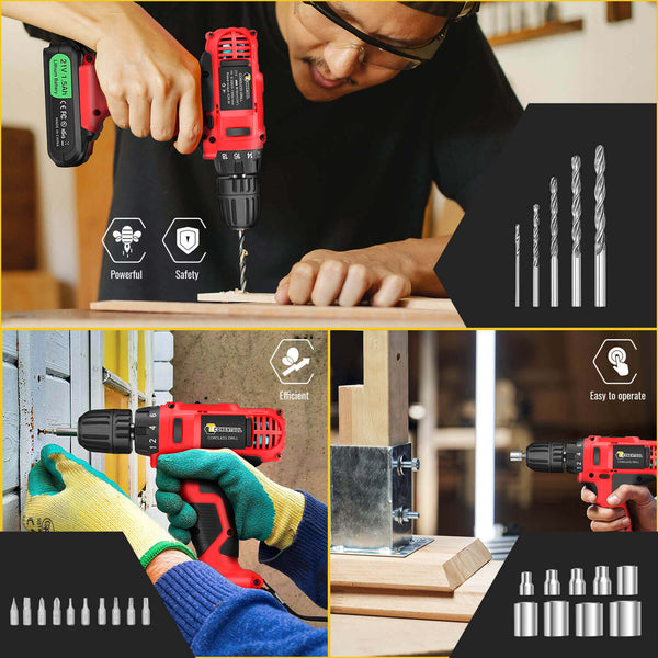 Cordless Red Impact Drill with 2 Rechargeable Battery  with 2 Speeds 21V  | CONENTOOL